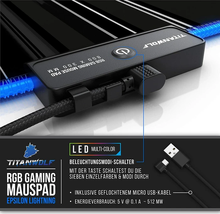 Titanwolf Epsilon Lightning RGB XXL Gaming-Mauspad, 800x300mm, schwarz