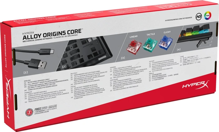 HP HyperX Alloy Origins Core, LEDs RGB, HyperX RED, USB, DE