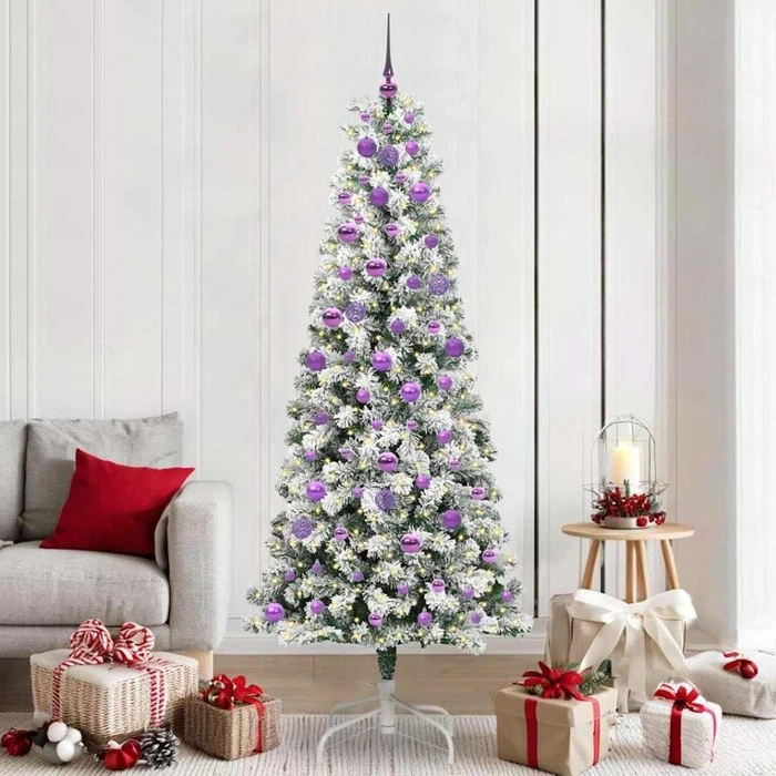 vidaXL Künstlicher Weihnachtsbaum schlank mit Schnee, 210cm, inkl. LED-Beleuchtung