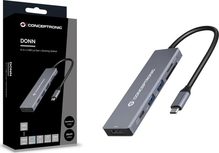 Conceptronic 6-in-1 Dockingstation, USB-C 3.0 [Stecker]
