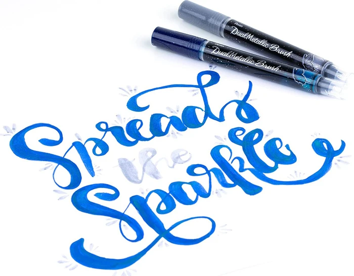 Pentel Dual Metallic Brush XGFH-D Glitzertinte Pinselstift blau/grün metallic, Blister (XGFH-DCX) – Bild 6