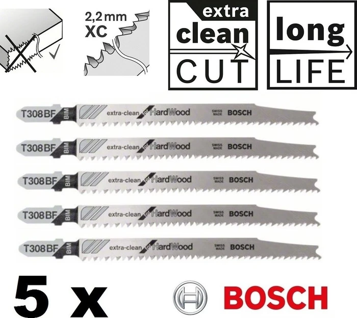 Bosch Professional T308BF BIM Extra-Clean for Hard Wood Stichsägeblatt, 117mm, 5 Stück