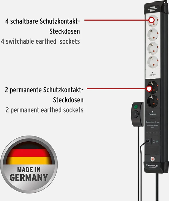 Brennenstuhl Premium-Line Comfort Switch Plus, 6-fach, 2x permanent, 4x schaltbar, 3m, schwarz/hellgrau