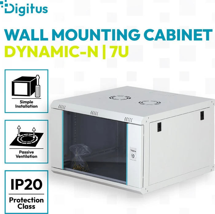 Digitus Dynamic-N Serie 19" Wandgehäuse 7HE, unmontiert, Sicherheitsglastür, IP2X, RAL 7035, 600mm tief