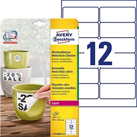 Avery-Zweckform Folienetiketten, 99.1x42.3mm, ablösbar, wetterfest, weiß, 20 Blatt (240 Etiketten)