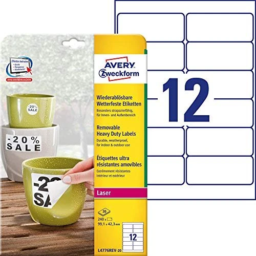 Avery-Zweckform Folienetiketten, 99.1x42.3mm, ablösbar, wetterfest, weiß, 20 Blatt (240 Etiketten)