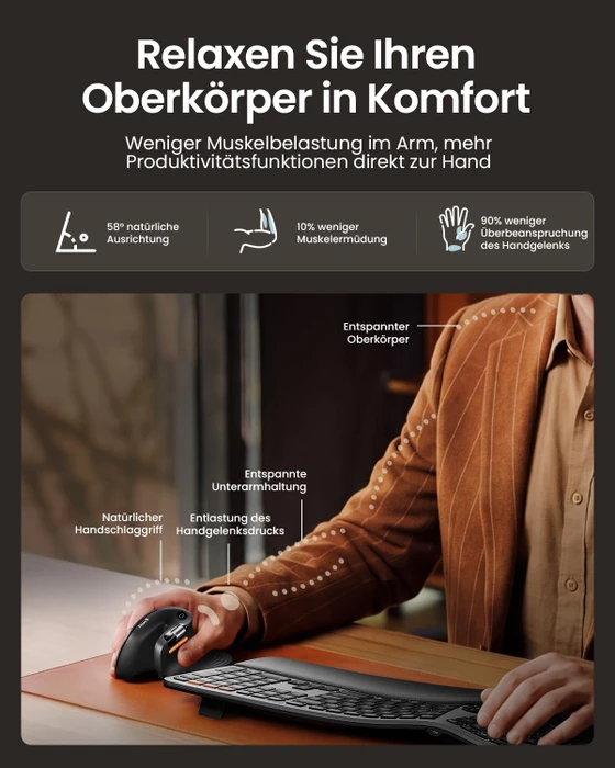 ProtoArc EM11 Pro, Vertikale Maus, schwarz, Rechtshänder, USB/Bluetooth