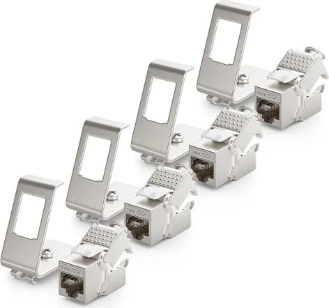 deleyCON Keystone Modul RJ-45 Buchse via Verlegekabel, Cat6a, STP, inkl. 1-Port Hutschienenadapter, 4er-Pack