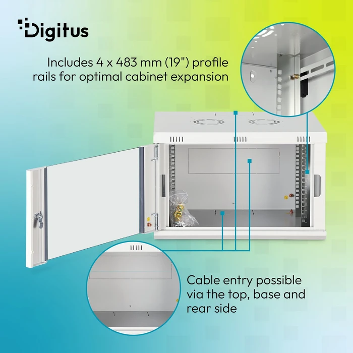 Digitus Dynamic-N Serie 19" Wandgehäuse 7HE, unmontiert, Sicherheitsglastür, IP2X, RAL 7035, 600mm tief