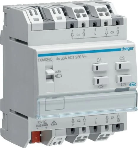 Hager Rollladen-/Jalousieaktor 4-fach, 230V, 4TE REG, Schaltaktor