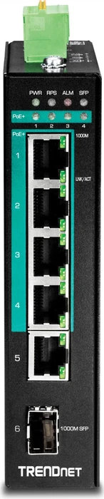 TRENDnet TI Hardened Industrial Railmount Gigabit Managed Switch, 5x RJ-45, 1x SFP, 120W PoE+