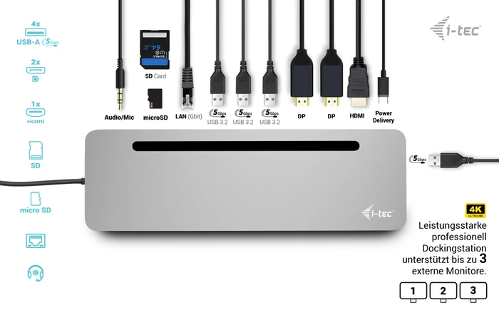 i-tec Metal Ergonomic 3x 4K Display Docking Station, inkl. 100W-Netzteil, USB-C 3.0 [Stecker]
