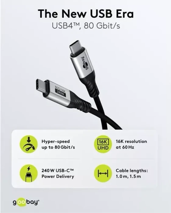 goobay USB-C Kabel, USB4 Version 2.0, 80Gb/s, 16K60Hz, 240W PD EPR, USB-C Stecker auf USB-C Stecker, schwarz/grau, 1.5m