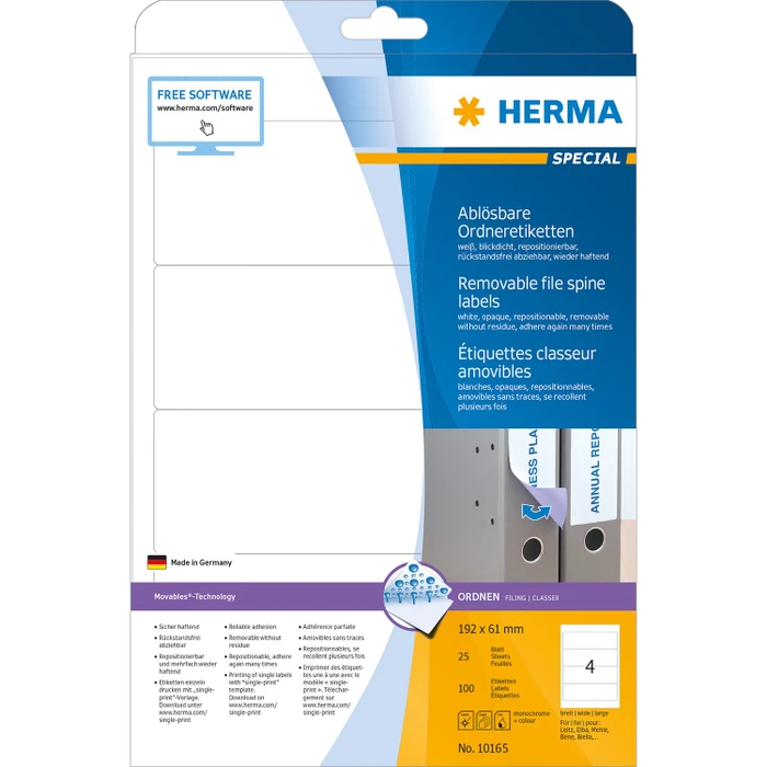 Herma Ordneretiketten, 192x61mm, ablösbar, weiß, 20 Blatt (80 Etiketten)
