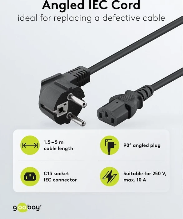 Wentronic Goobay Kaltgeräte Netzkabel, Schutzkontakt auf Kaltgerätestecker C13, gewinkelt, schwarz, 3m