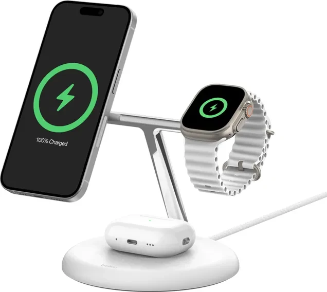 Belkin BoostCharge Pro kabellose magnetische 3-in-1-Ladestation mit Qi2 (15W) weiß