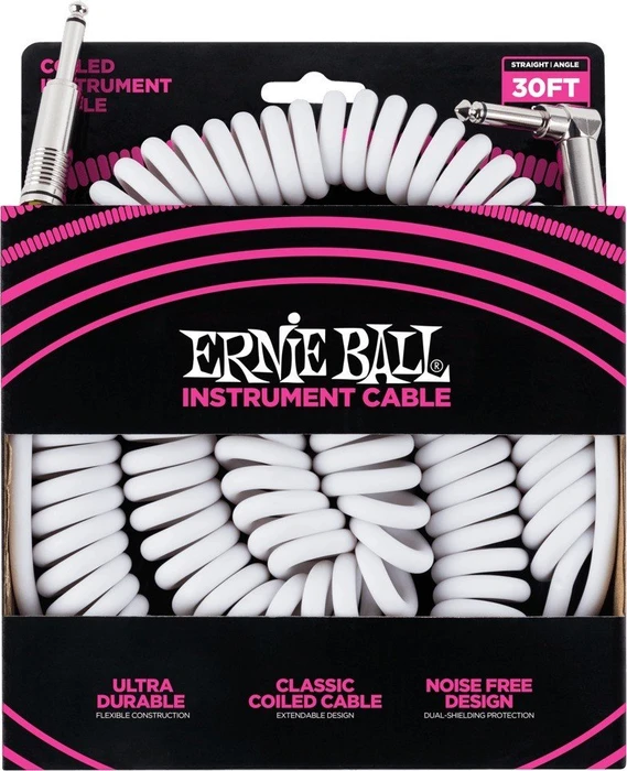 Ernie Ball 30' Coiled Straight/Angle Instrument Cable White