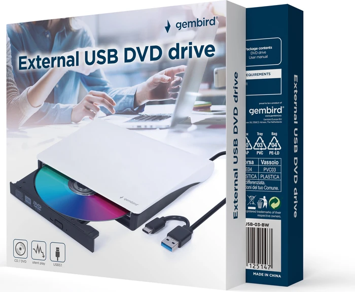 Gembird Externes USB-DVD-Laufwerk, SlimLine weiß, USB-C 3.0/USB-A 3.0