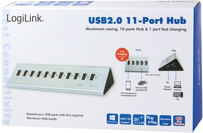 LogiLink Aluminium USB-Hub, 11x USB-A 2.0, USB 2.0 Micro-B [Buchse]