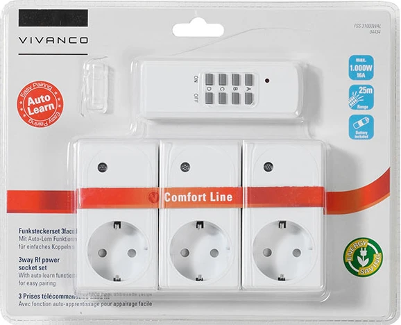 Vivanco Comfort Line Funksteckerset 1000W weiß, 3er Funksteckdosen-Set mit Fernbedienung