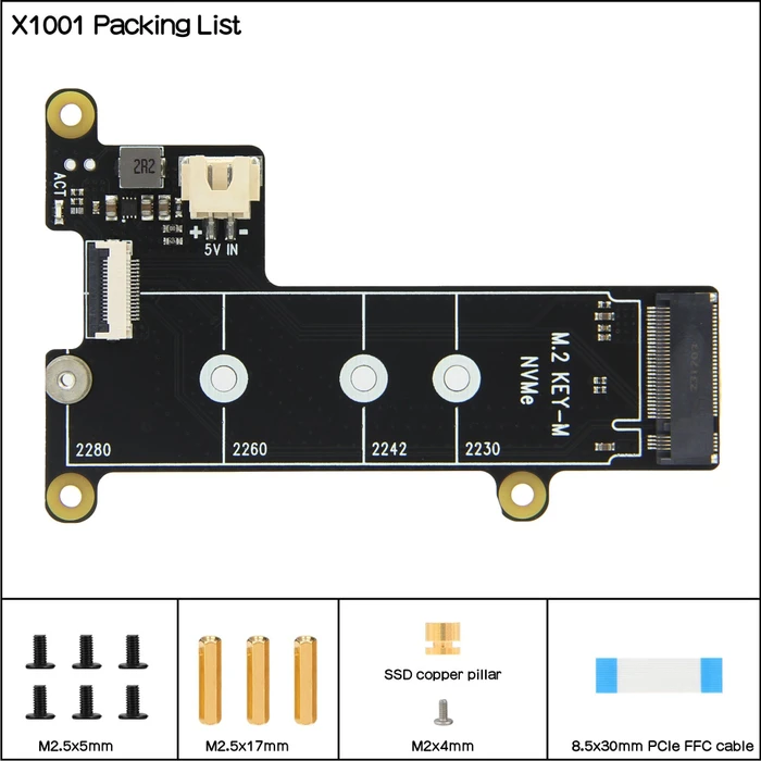 Geekworm X1001 PCIe auf M.2 Key-M NVMe Adapter-Board, M.2 M-Key 2230/2242/2260/2280 NVMe Slot für Raspberry Pi 5