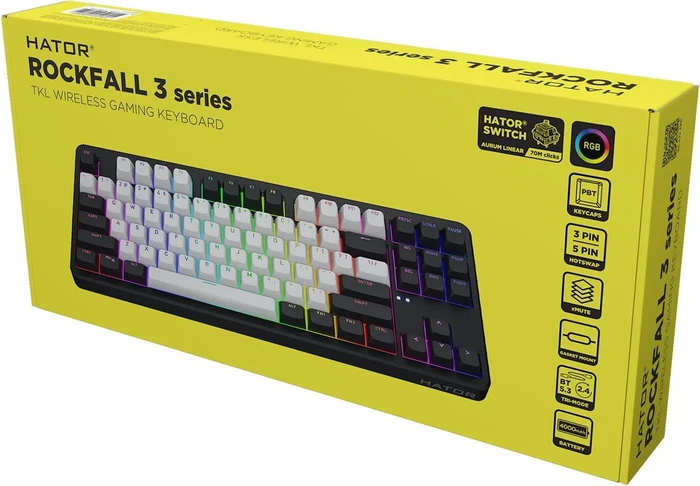 Hator Rockfall 3 TKL Wireless, PBT, weiß/schwarz, LEDs RGB, Aurum Lemon, USB/Bluetooth, US