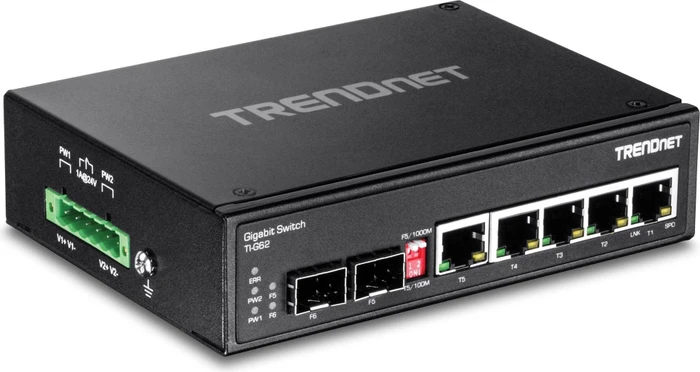TRENDnet TI Hardened Industrial Railmount Gigabit Switch, 4x RJ-45, 1x SFP, 1x RJ-45/SFP