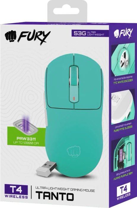 Natec Fury Tanto T4 Wireless Ultra-Lightweight Gaming Mouse Mint, USB/Bluetooth