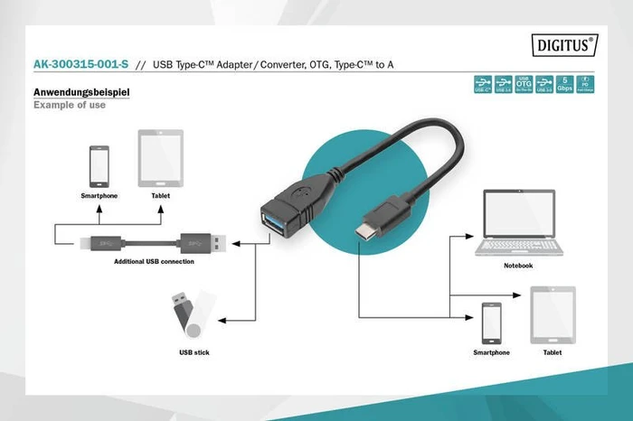 Digitus USB-C [Stecker] / USB-A [Buchse] OTG Adapterkabel, 0.15m