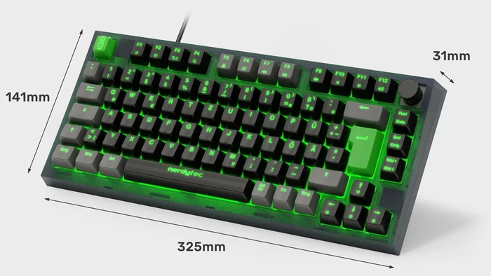 nerdytec Cykey QMK/VIA Gaming Keyboard, 75%, schwarz/transluzent, LEDs RGB, hot-swap, Gateron G Pro 3.0 YELLOW, USB, DE