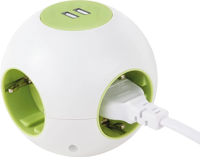 REV Ritter PowerGlobe Steckdosenwürfel, 4-fach, 2x USB, 1.4m, weiß/grün
