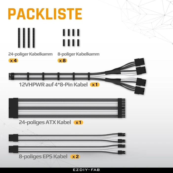 EZDIY-FAB 12VHPWR Cable Kit, 1x 24-Pin, 2x 4/8-Pin ATX, 1x 12VHPWR/4x 8-Pin PCIe, 16AWG, schwarz/weiß