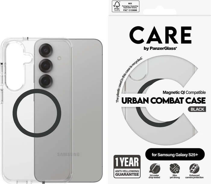 PanzerGlass Care Flagship Case Urban Combat Magnetic Qi für Samsung Galaxy S25+ transparent/schwarz