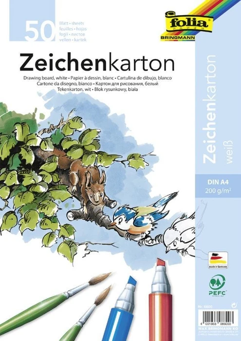 Folia Zeichenkarton, A4, glatt, weiß, 50 Blatt