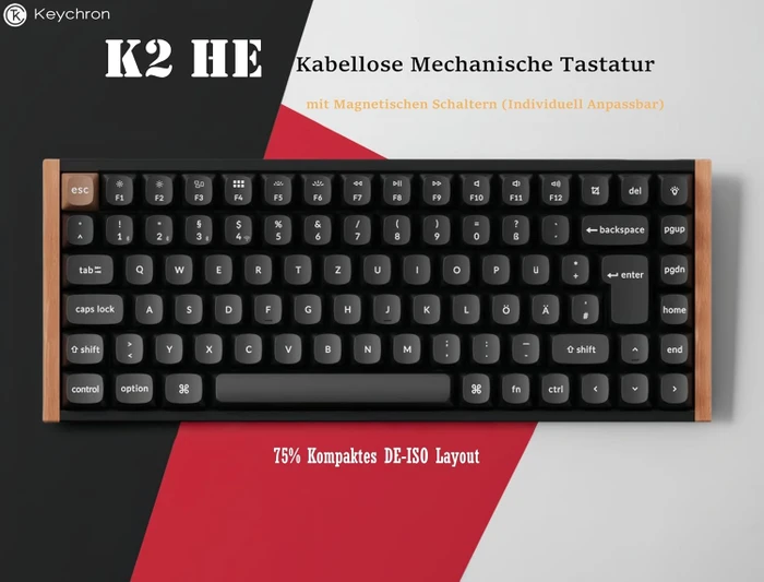 Keychron K2 HE Wireless, Special Edition ISO Black, 75%, PBT, LEDs RGB, Gateron 2.0 Magnetic Nebula, USB/Bluetooth, DE