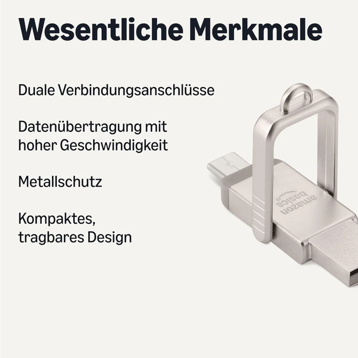 AmazonBasics Dual Thumb Drive Memory Stick 128GB Champagner-Silber, USB-A + USB-C, USB 3.2 Gen 1×1