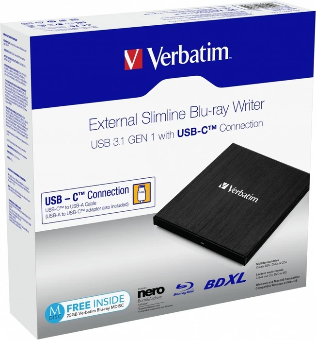 Verbatim External Blu-ray Writer, SlimLine, USB-C 3.0
