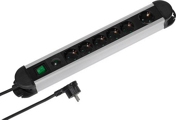 Vivanco Professional EPLS 5_1ALU2M mit Überspannungsschutz, 6-fach, Schalter, 2m, schwarz/silber