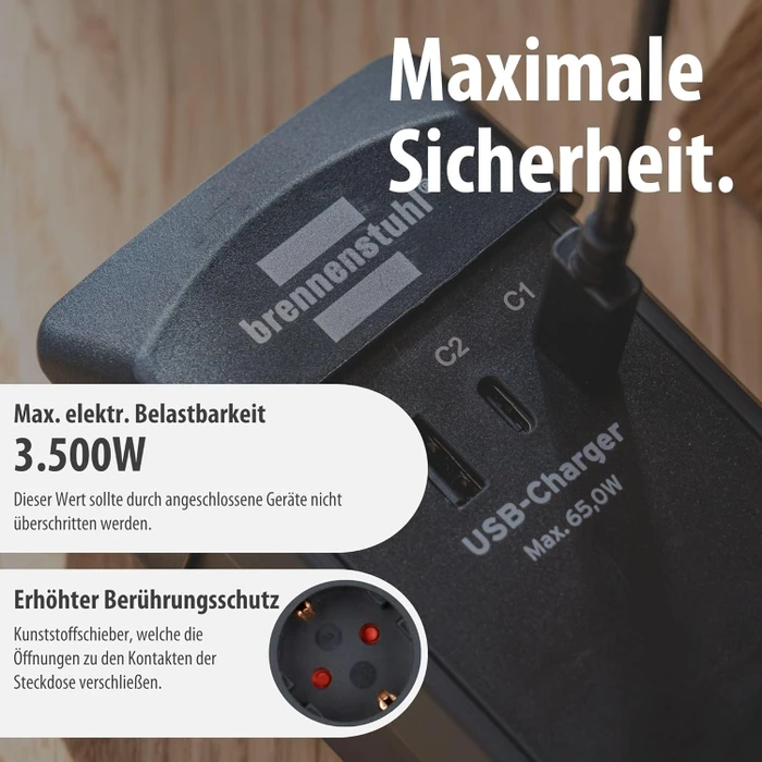 Brennenstuhl Premium-Line, 6-fach, 1x USB-A/2x USB-C USB-PD, 3m, schwarz
