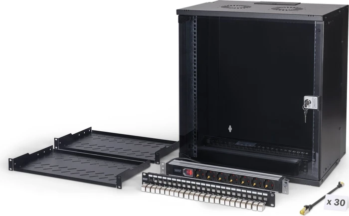 Digitus Professional SoHo Pro Line 19" Wandgehäuse SET 12HE, unmontiert, Sicherheitsglastür, IP20, RAL 9005, 400mm tief