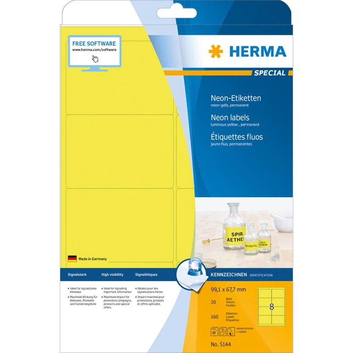 Herma Neonetiketten, 99.1x67.7mm, gelb, matt, 20 Blatt (160 Etiketten)