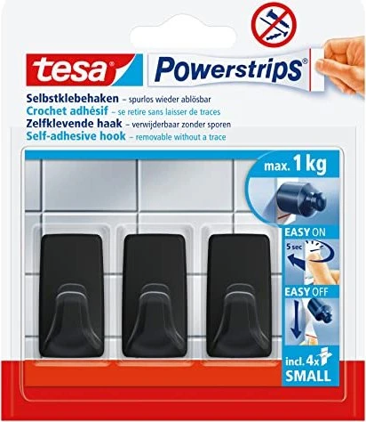 tesa Powerstrips Haken small eckig schwarz, 3 Stück