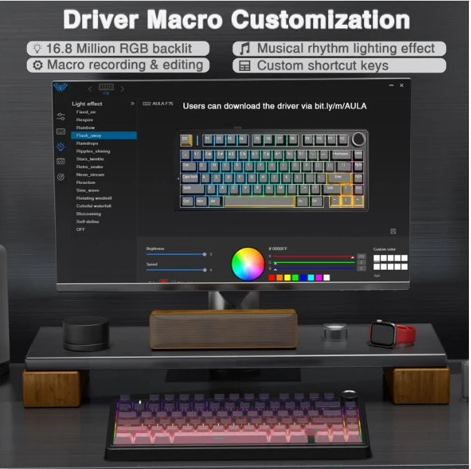 Aula F75 Pro, Gradient Pink Black, LEDs RGB, hot-swap, LEOBOG Reaper, USB/Bluetooth, US