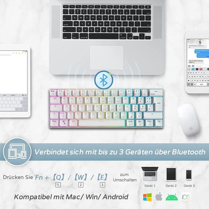 RK Royal Kludge RK61 60% Wireless, weiß, LEDs RGB, hot-swap, RK BROWN, USB/Bluetooth, DE