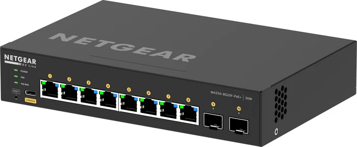 Netgear AV Line M4250 Desktop Gigabit Managed Switch, 8x RJ-45, 2x SFP+, 220W PoE+