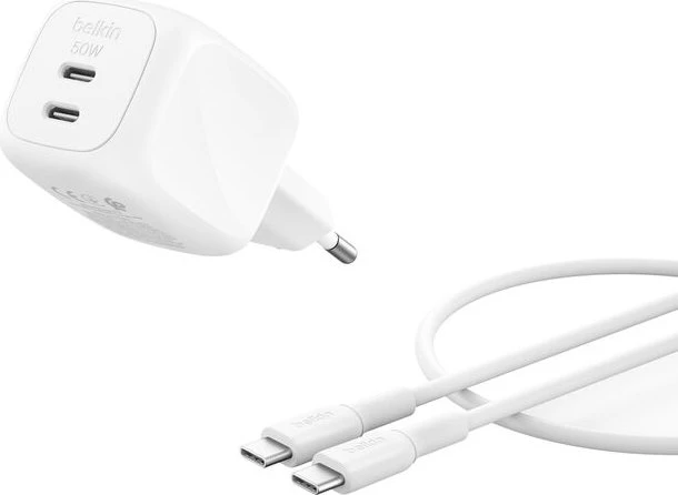 Belkin BoostCharge Pro Ladegerät 2-Port USB-C GaN + USB-C-Kabel 50W weiß