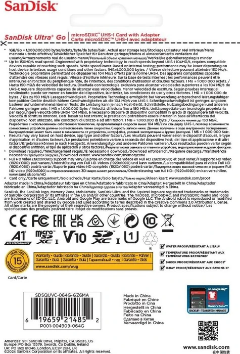 SanDisk Ultra Go R150 64GB Kit, UHS-I U1, A1, Class 10