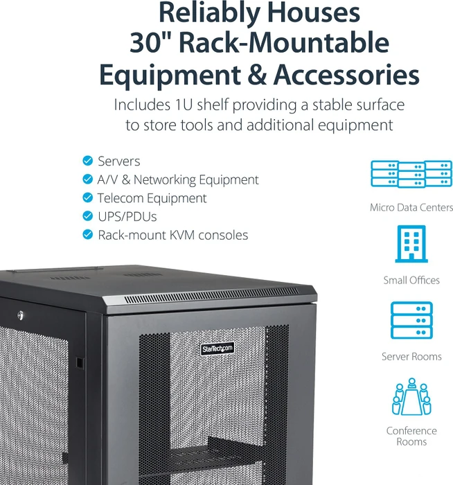 StarTech RK1833BKM Rack-Schrank Kit 18HE, mit Rollen, Gitternetztür, schwarz, 853mm tief