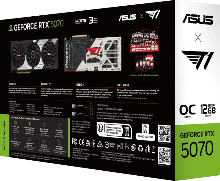 ASUS T1 GeForce RTX 5070 OC Edition, T1-RTX5070-O12G-GAMING, 12GB GDDR7, HDMI, 3x DP