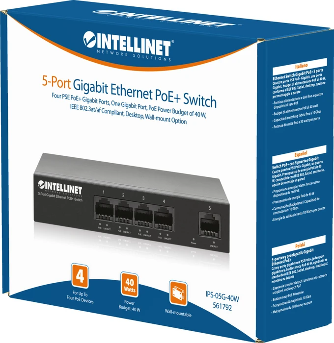 Intellinet Desktop Gigabit Switch, 5x RJ-45, 40W PoE+